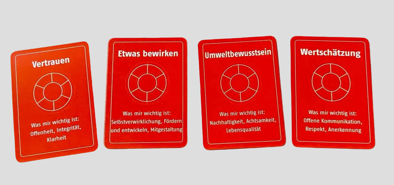 Vier rote Werte-Karten auf grauem Boden: Vertrauen, Etwas bewirken, Umweltbewusstsein und Wertschätzung – mit zugehörigen Bedeutungen und Stichworten.