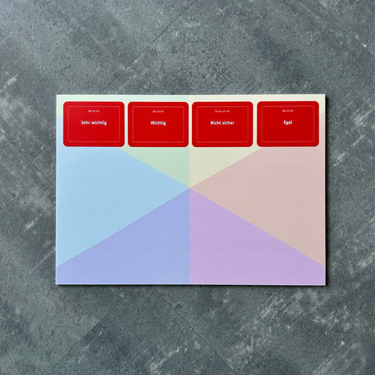 Buntes Spielfeld mit vier roten Karten: „Sehr wichtig“, „Wichtig“, „Nicht sicher“ und „Egal“. Dient zur Bewertung persönlicher Werte auf farbigem Hintergrund.
