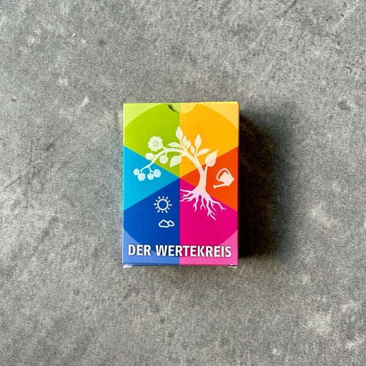Bunte Spielkartenbox „Der Wertekreis“ mit Symbolen wie Baum, Sonne und Gießkanne auf grauem Untergrund – steht für persönliche Entwicklung und Werte.