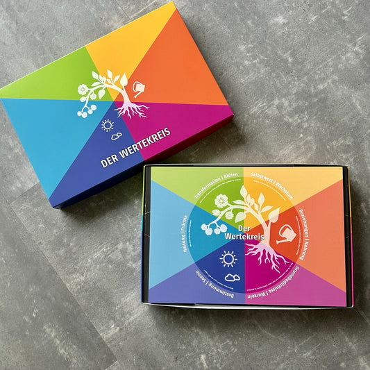 Bunte Spielbox „Der Wertekreis“ geöffnet auf grauem Boden. Im Inneren liegt ein farbiges Spielbrett mit Symbolen für Werte, Wachstum und persönliche Entwicklung.