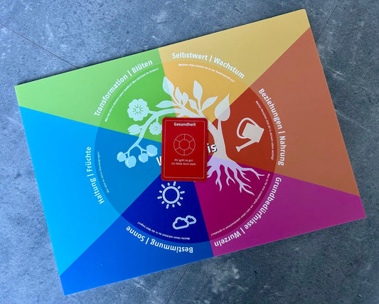 Eine orangefarbene Karte mit dem Wert Gesundheit liegt mittig auf dem farbigen Wertekreis. Die Karte hebt sich klar ab und lädt dazu ein, Gesundheit aus allen Perspektiven zu betrachten.