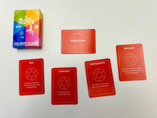 Rote Wertekarten mit „Nicht sicher“, „Mut“, „Zuversicht“, „Geborgenheit“ und „Vertrauen“ aus dem Wertekartenspiel Der Wertekreis.