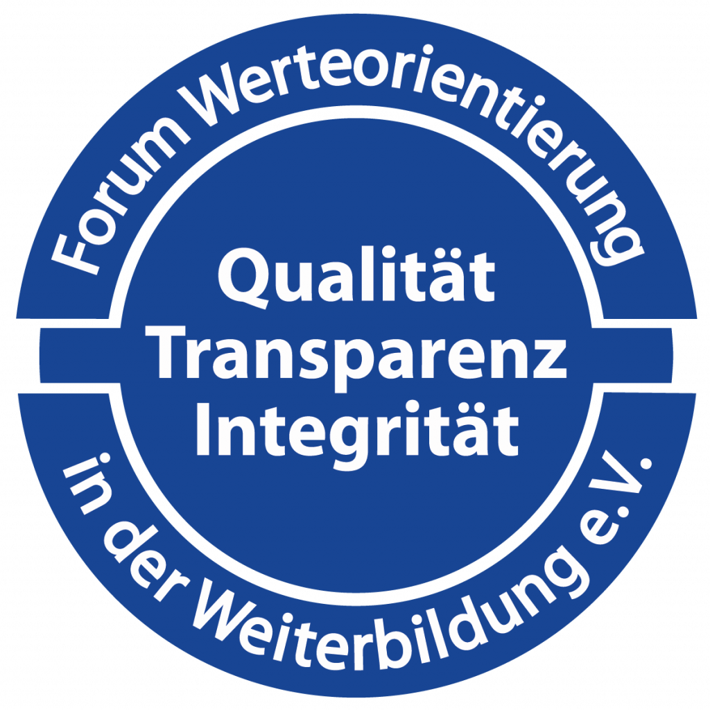 Das Logo des Forum Wertorientierung in der Weiterbildung e.V.: Ein blauer Kreis mit den Begriffen Qualität, Transparenz, Integrität in der Mitte