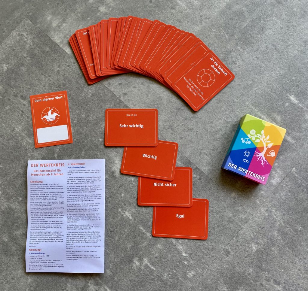 Das orangefarbene Werte-Kartenspiel liegt aufgefächert auf einem grauen Untergrund. Die Verpackung, die vier Gruppenkarten, die Jokerkarte und die Anleitung sind separat zu sehen. 