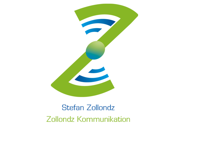 Logo ZOLLONDZ Kommunikation, ein grünes Z mit jeweils zwei blau geschwungenen Bögen